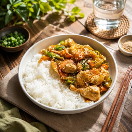 Wok légumes sautés, poulet, cacahuète