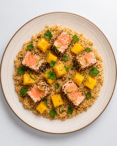 Saumon croustillant, riz à la mangue