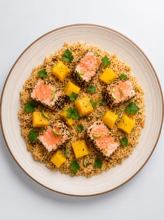 Saumon croustillant, riz à la mangue