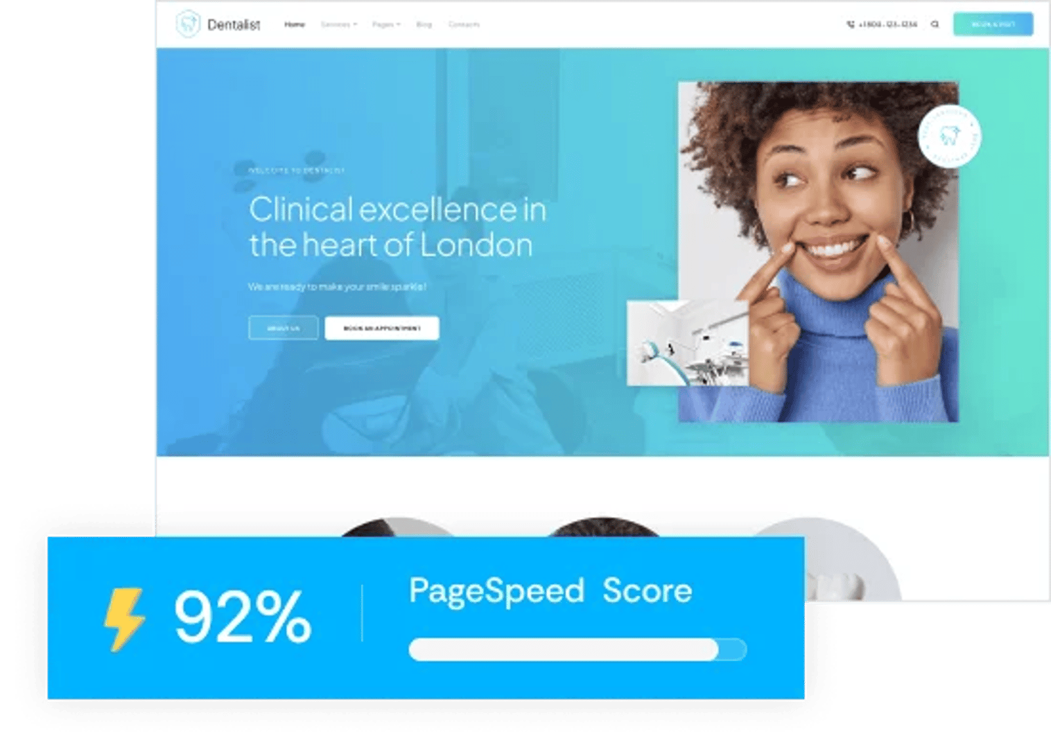 Dentalist - Medical and Dentist WordPress Theme - Google PageSpeed Insights Performance Score 90+ | CMSMasters studio