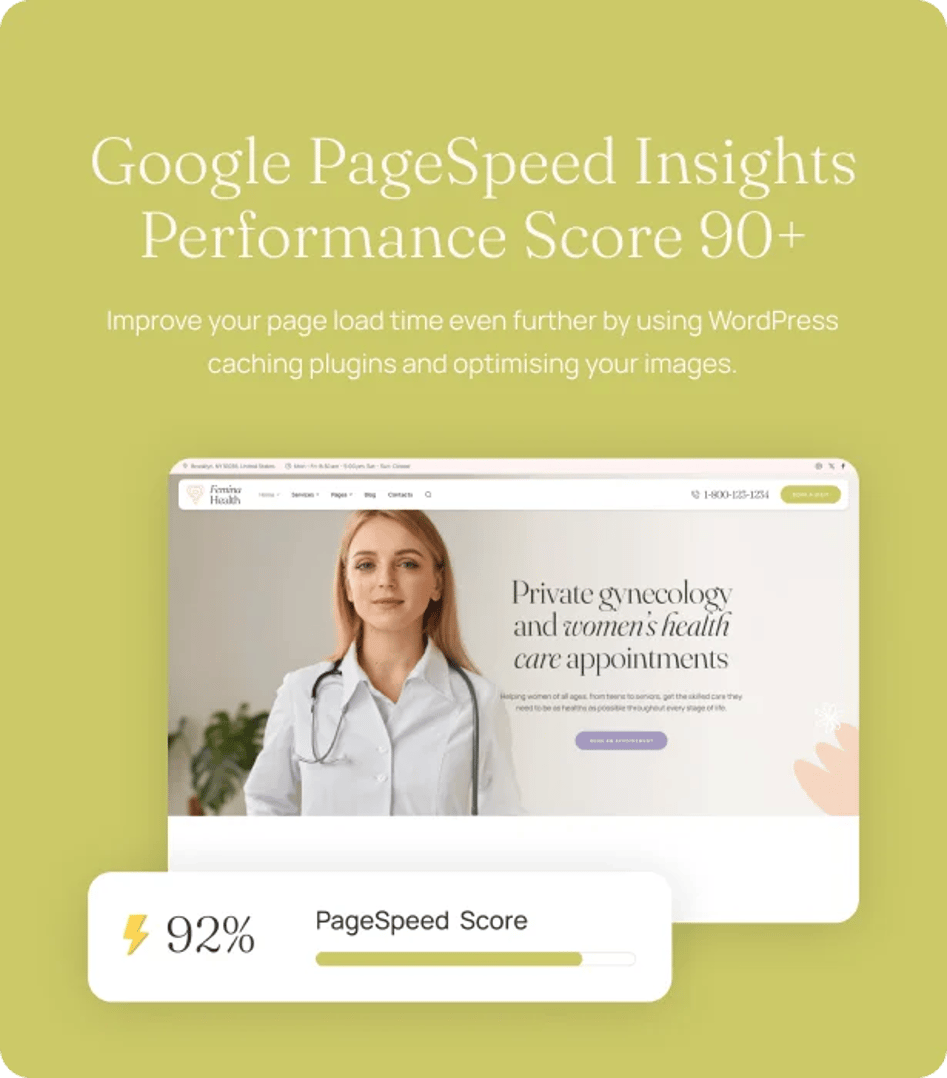 Femina Health - Fertility Clinic Medical WordPress Theme - Google PageSpeed Insights Performance Score 90+ | CMSMasters studio