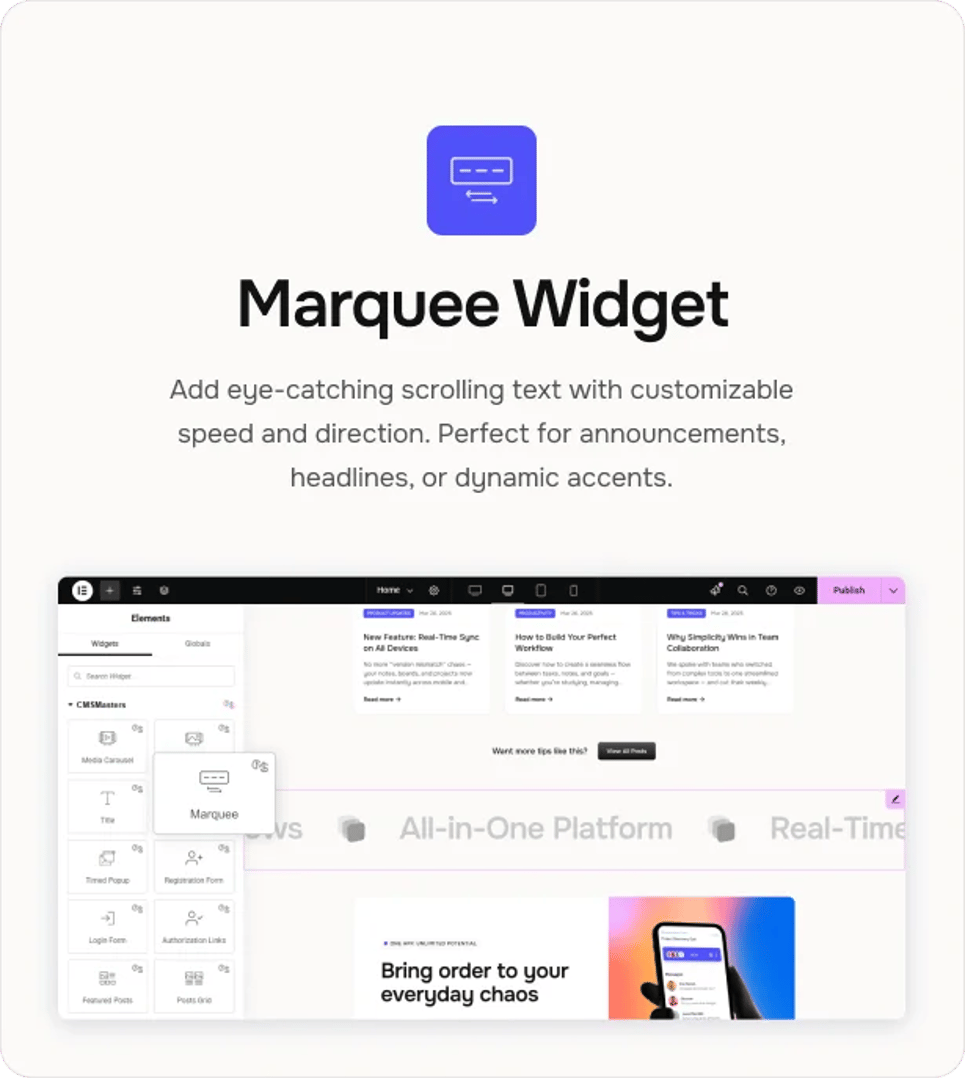 SaaSsy App - Software & Tech Startup WordPress Theme - Marquee Widget | CMSMasters studio