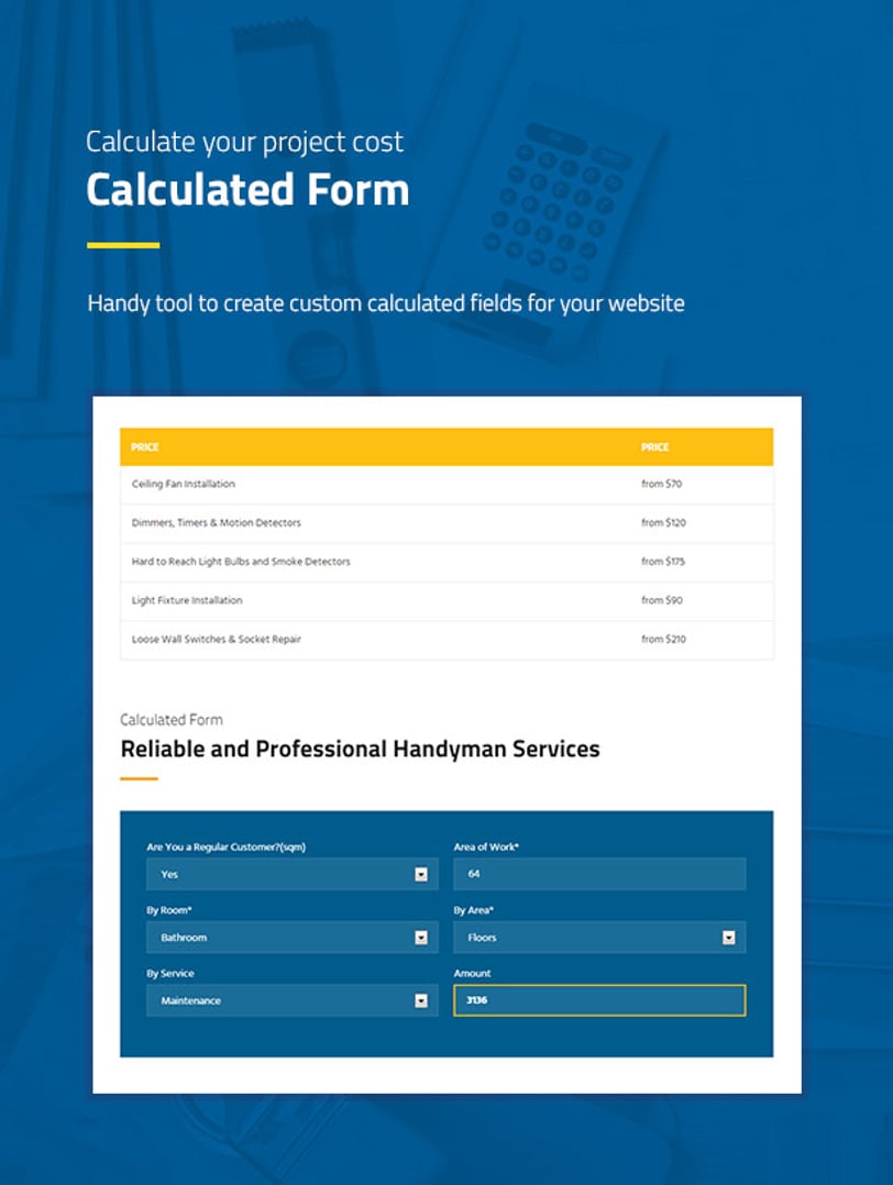 Handyman Services - Construction & Renovation WordPress Theme - Calculated Form