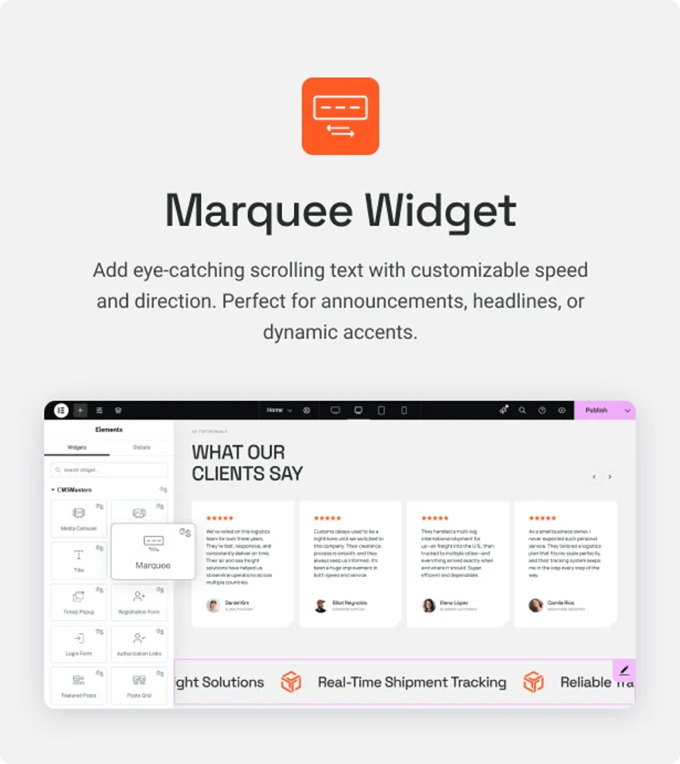 Cargo Trucking - Transportation Services & Logistics WordPress Theme - Marquee Widget | CMSMasters studio