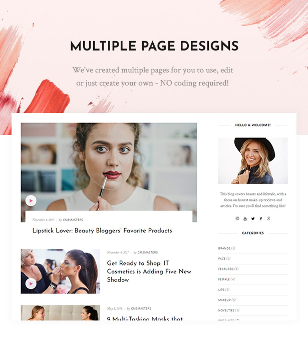 Cosmetista - Makeup Review Beauty WordPress Theme - Multiple Page Designs | cmsmasters studio