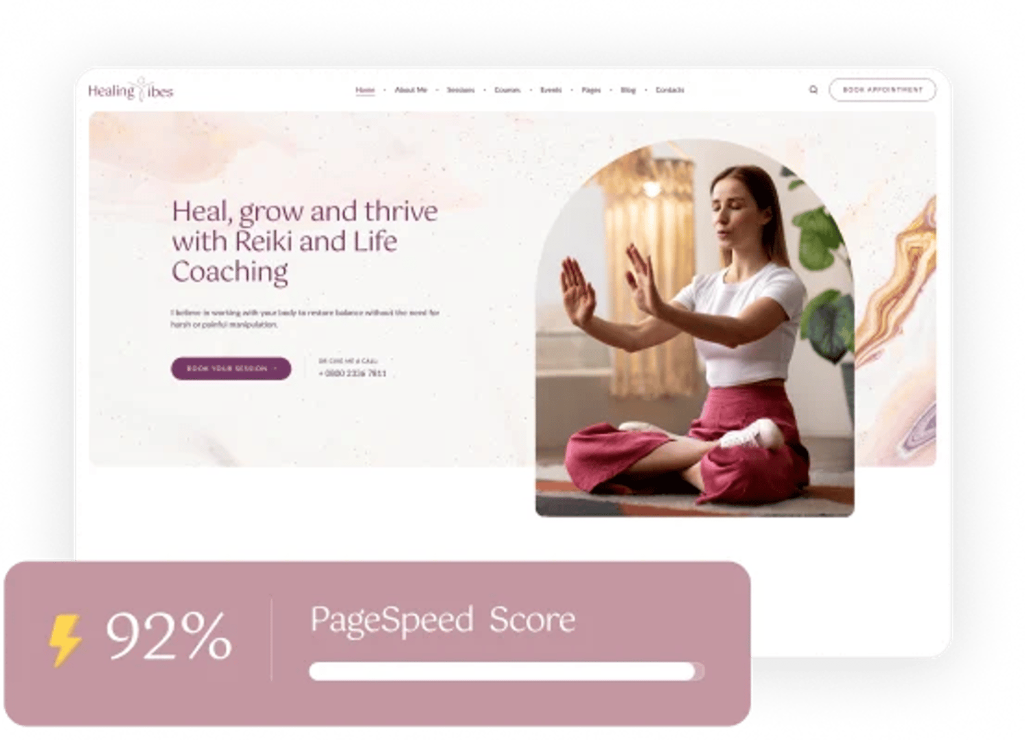 Healing Vibes – Reiki Massage, Yoga & Meditation WordPress Theme - Google PageSpeed Insights Performance Score 90+ | CMSMasters studio