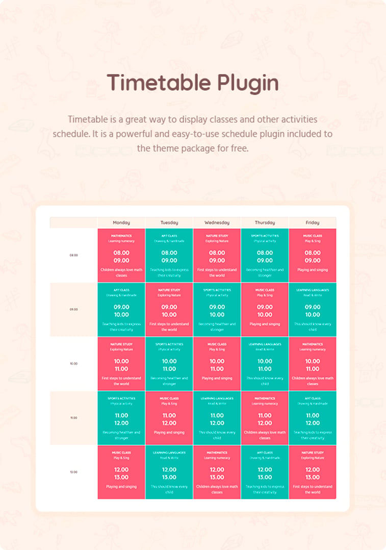 Bambini - Pre-School and Kindergarten Theme - Timetable Plugin