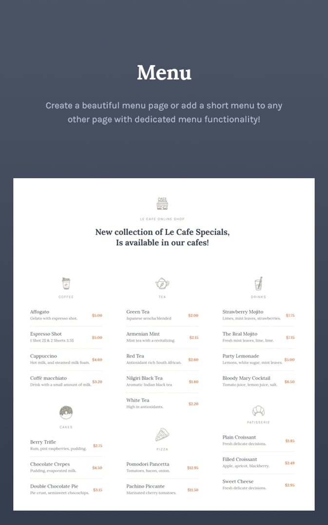 Le Cafe – Bakery Shop & Cafe WordPress Theme - Menu