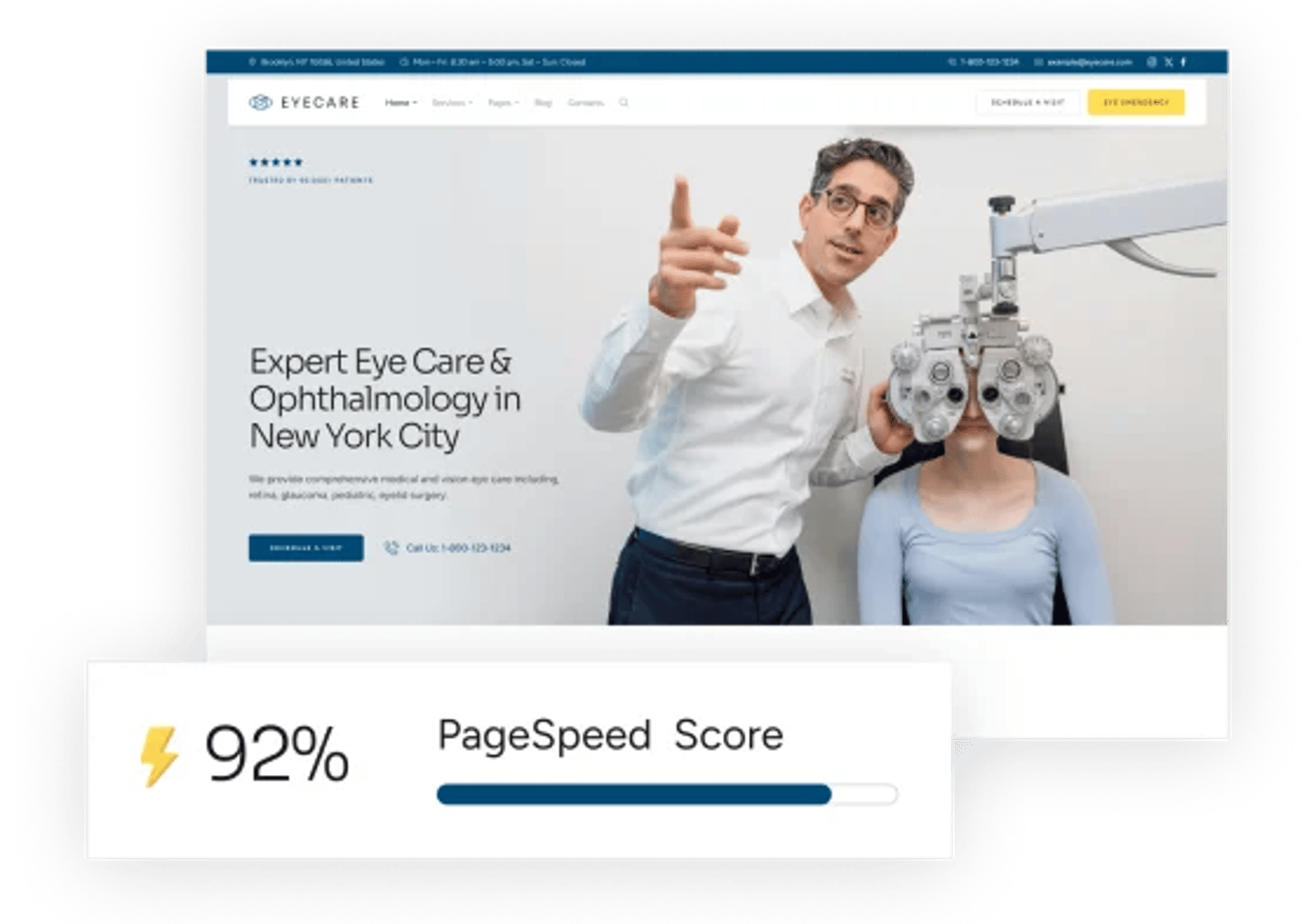 Eye Care - Eye Clinic & Family Optometrist WordPress Theme - Google PageSpeed Insights Performance Score 90+ | CMSMasters studio