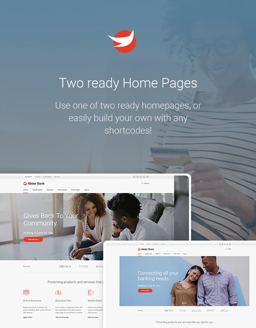 Alister Bank - Credits & Banking Finance WordPress Theme - Two Ready Home Pages