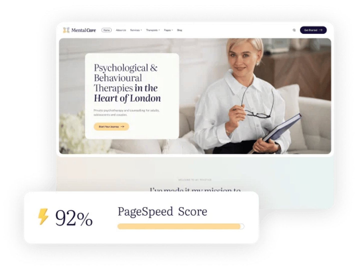 Mental Care - Therapy & Counseling Psychologist WordPress Theme - Google PageSpeed Insights Performance Score 90+ | CMSMasters studio