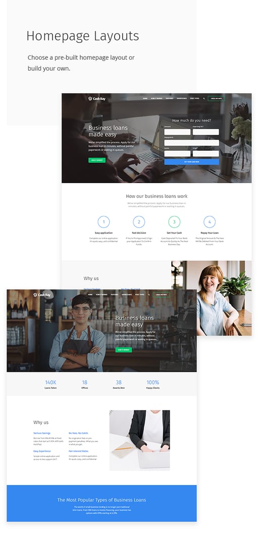 Cash Bay - Banking and Payday Loans WordPress Theme - Homepage Layouts