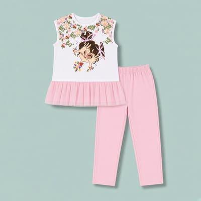 Conjunto algodón flores/tull
