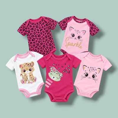 Set 5 bodys manga corta gatita print rosa