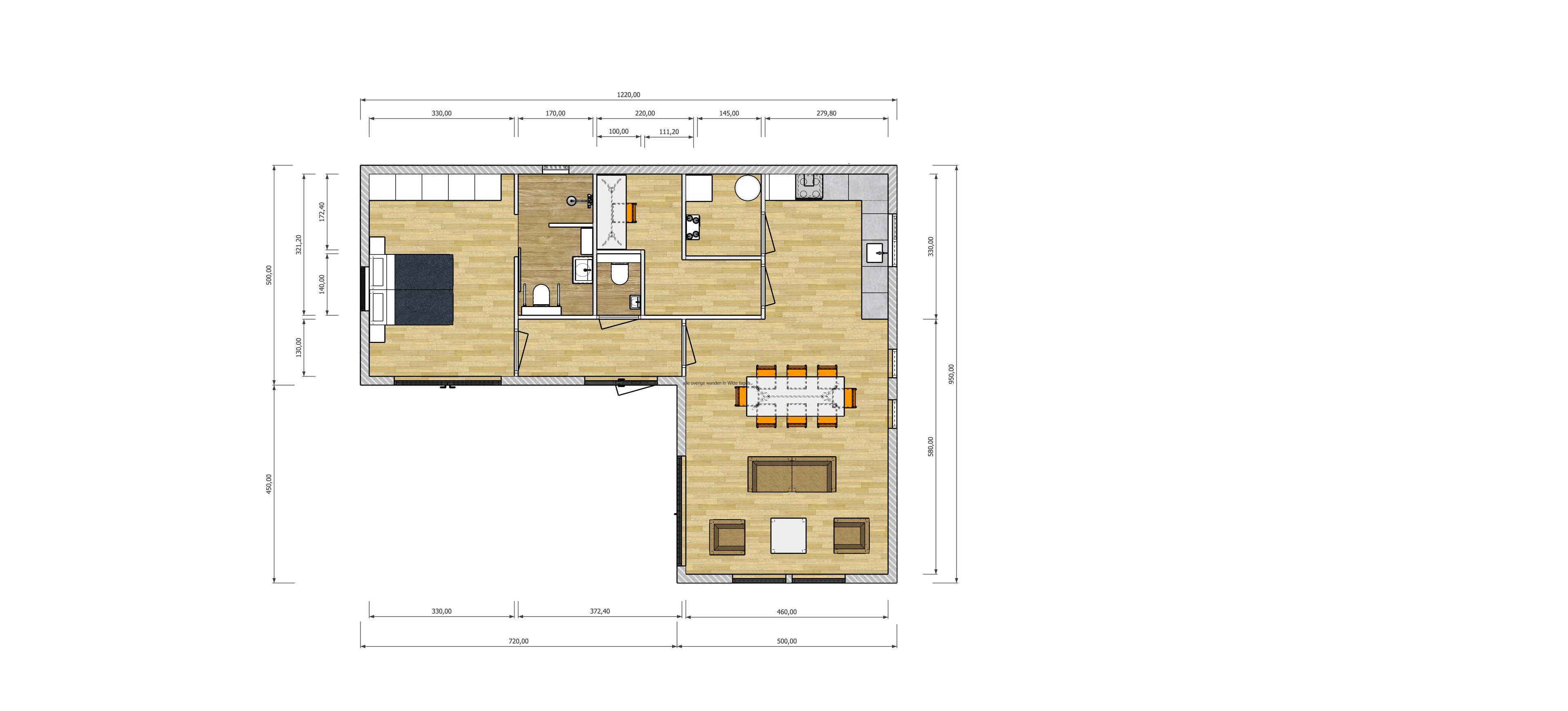 Plattegrond in L-vorm met fijne ruimtelijk indeling
