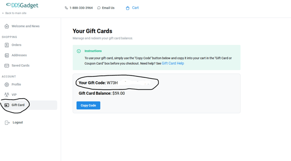 access the gift card in your account