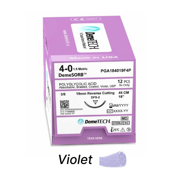 PGA (Polyglycolic Acid) Suture 4-0, Violet, 18, Braided, FS2 (C6), 12PK