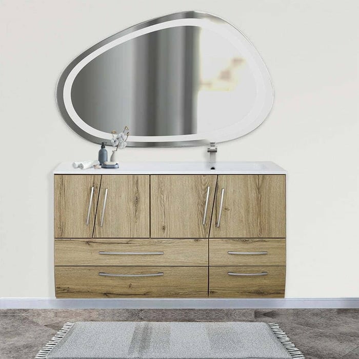 Mobile bagno sospeso con lavabo in ceramica, ante e cassetti sagomati, New York 1