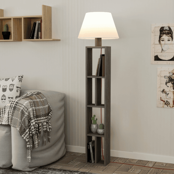 Lampada da terra "Giorno" in legno con libreria - immagine 1