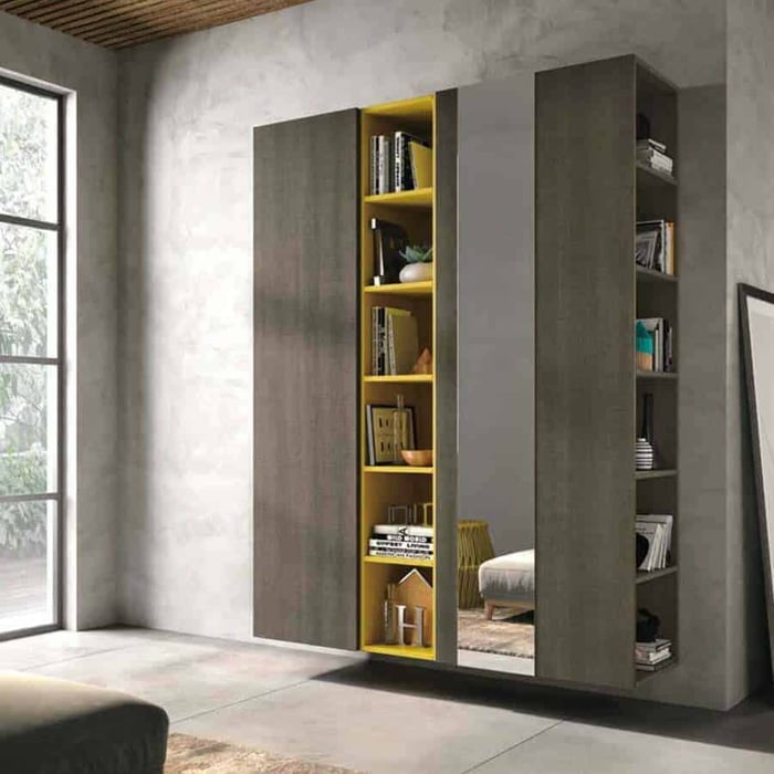 Mobile ingresso moderno libreria con specchio e mensole giallo e rovere artigian mobili armadiatura mini 313 rionova arredamento