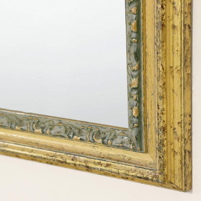 Specchio in legno giallo e verde acquamarina, con gola intagliata 4
