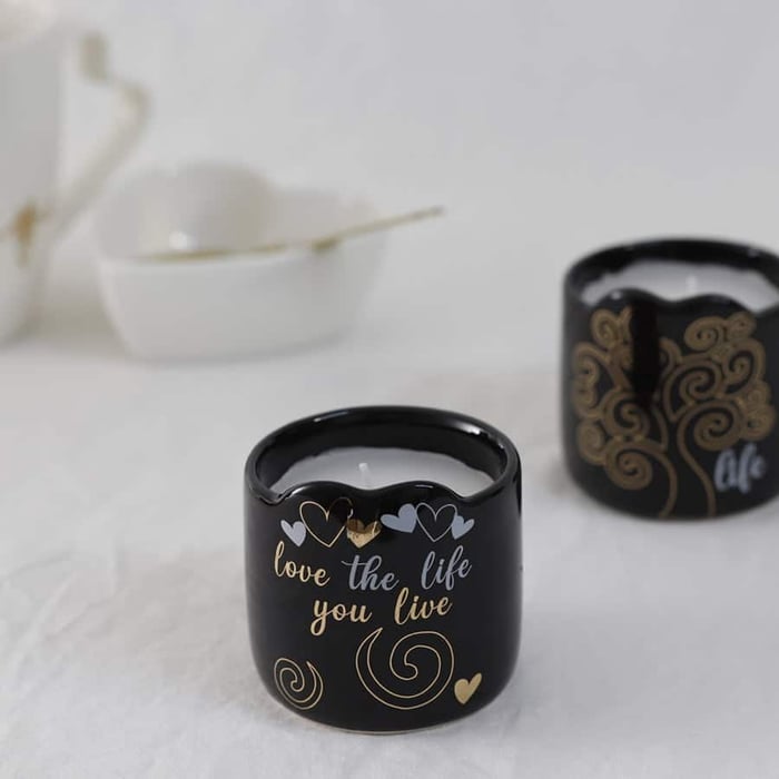 Set 3 candele in vasetto ceramica nero e decori colore oro Albero della vita 4