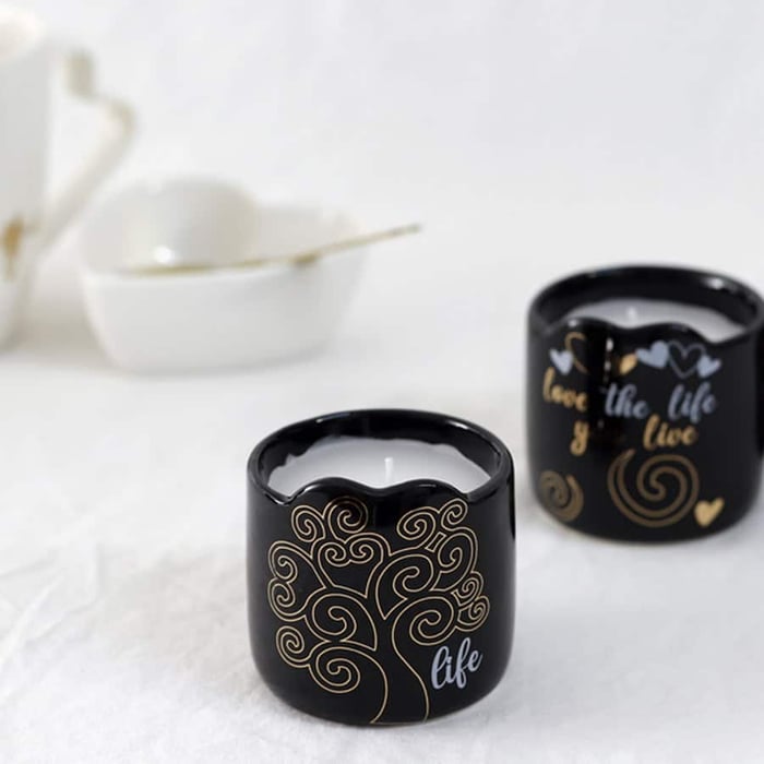 Set 3 candele in vasetto ceramica nero e decori colore oro Albero della vita 5