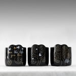 Set 3 candele in vasetto ceramica nero e decori colore oro Albero della vita