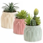 Set 3 vasetti di ceramica lucida colorata con piantine artificiali