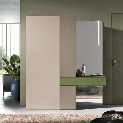 Arredo ingresso moderno verde e tortora con specchio e mensola MINI 307 artigianmobili rionova arredamento