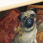 Quadro in legno con stampa di un cane Carlino con fiocco giallo oro, 25x25 cm