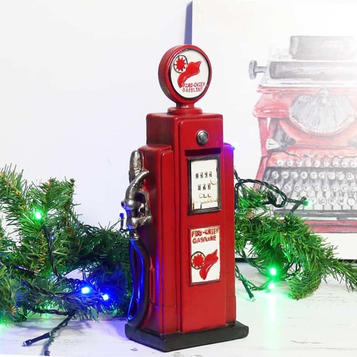 Salvadanaio pompa benzina rossa, decoro natalizio vintage 1