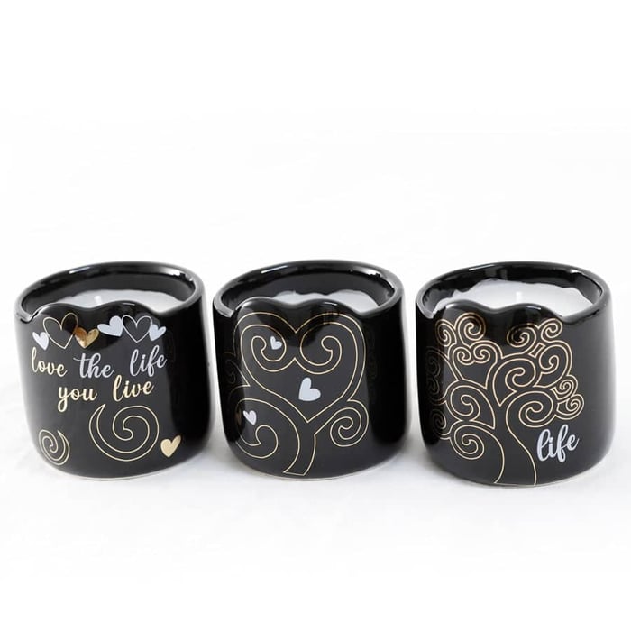 Set 3 candele in vasetto ceramica nero e decori colore oro Albero della vita 3