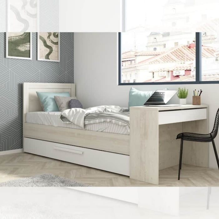 Letto 1950 con scrivania integrata e letto estraibile bianco vintage e bianco - immagine 2