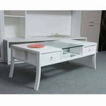 Tavolino da salotto in ciliegio massello laccato bianco opaco, 4 cassetti e piano in vetro, "Poggix"