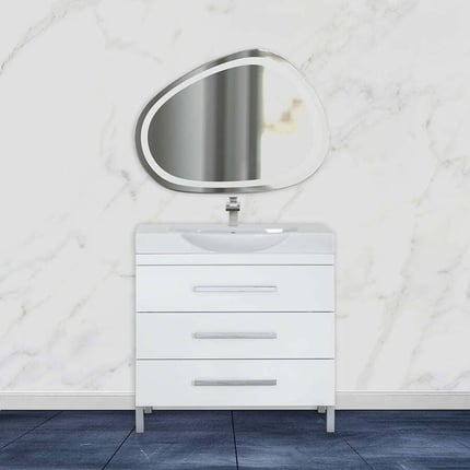 Mobile bagno sospeso con lavabo in ceramica, ante e cassetti sagomati, New York 12