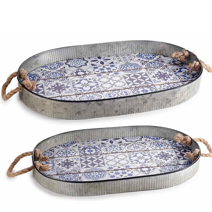 Vassoio ovale "Maiolica" con base legno e bordo metallo - immagine 1
