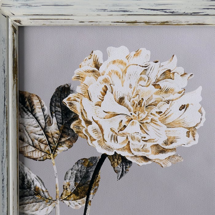 Quadro peonia bianca, cornice bianca decapata oro - immagine 4