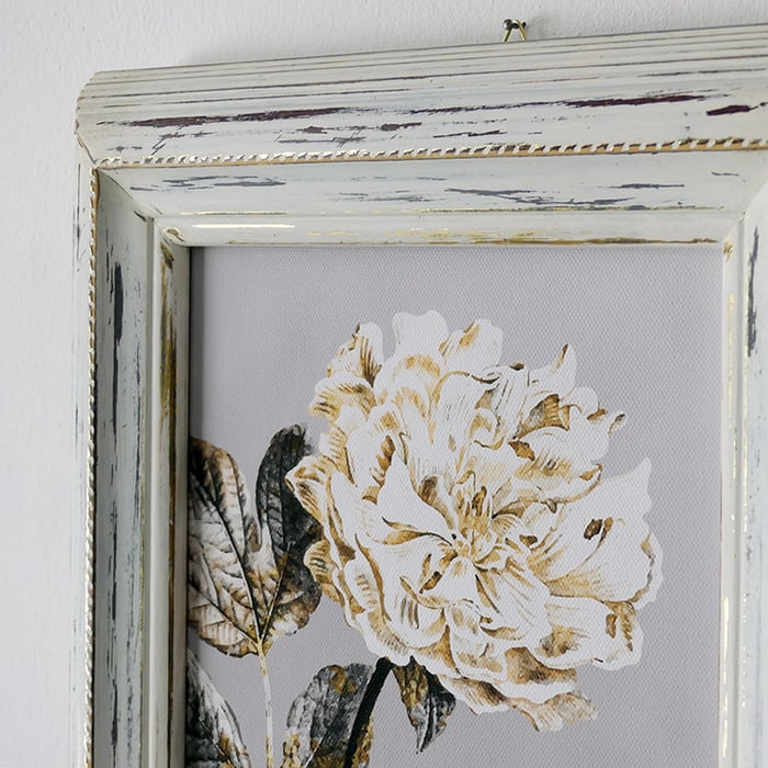 Quadro peonia bianca, cornice bianca decapata oro - immagine 3
