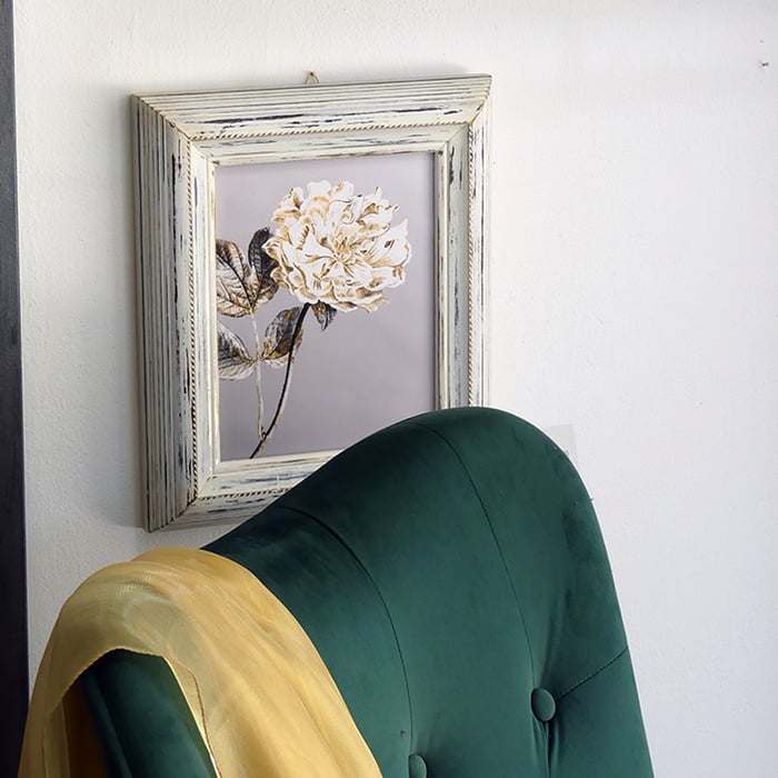 Quadro peonia bianca, cornice bianca decapata oro - immagine 7