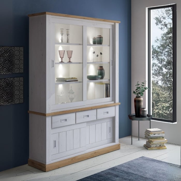 Vetrina Anthony67120, 2 ante vetro e 3 cassetti, rovere wotan e anderson pine - immagine 1