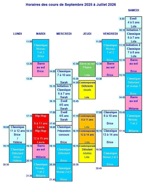 Horaires des cours de l'école de danse 1