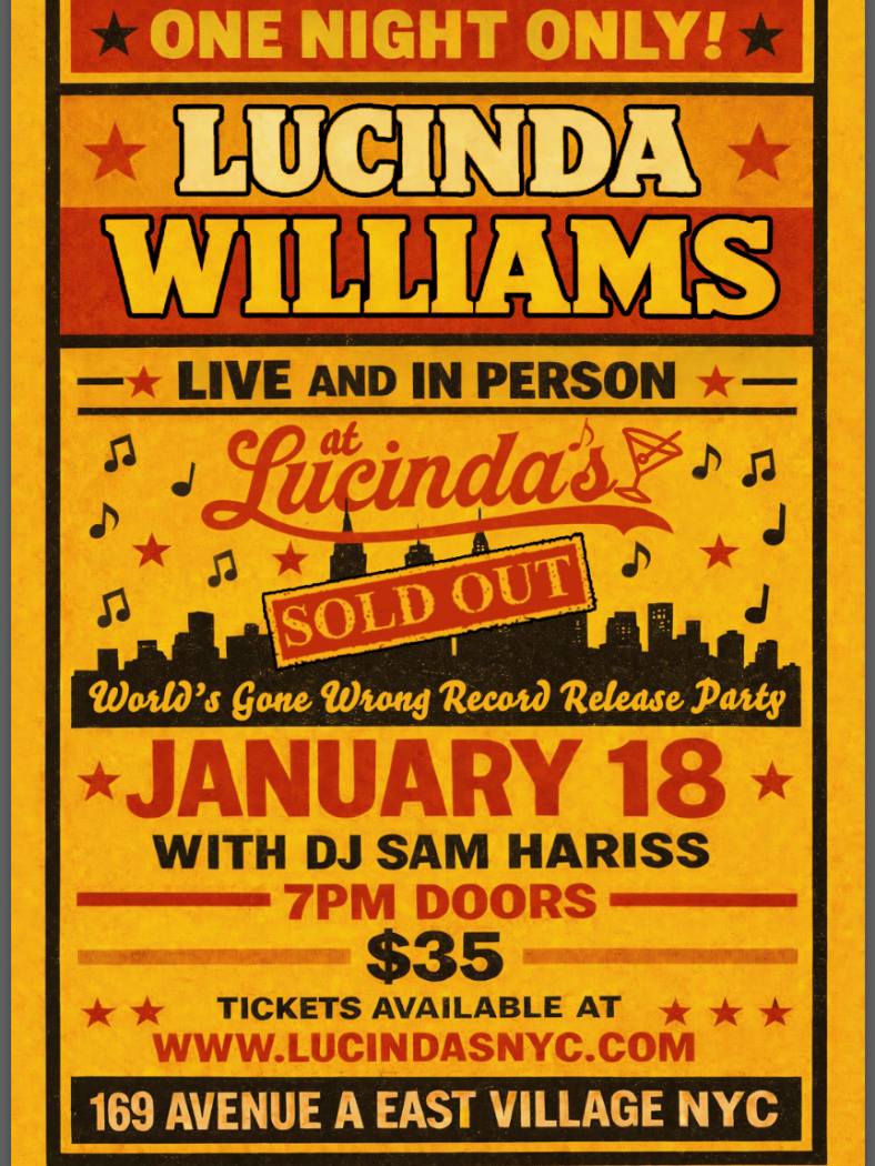 Lucinda Williams Very Special Guest Appearance Live from Lucinda's NYC 1
