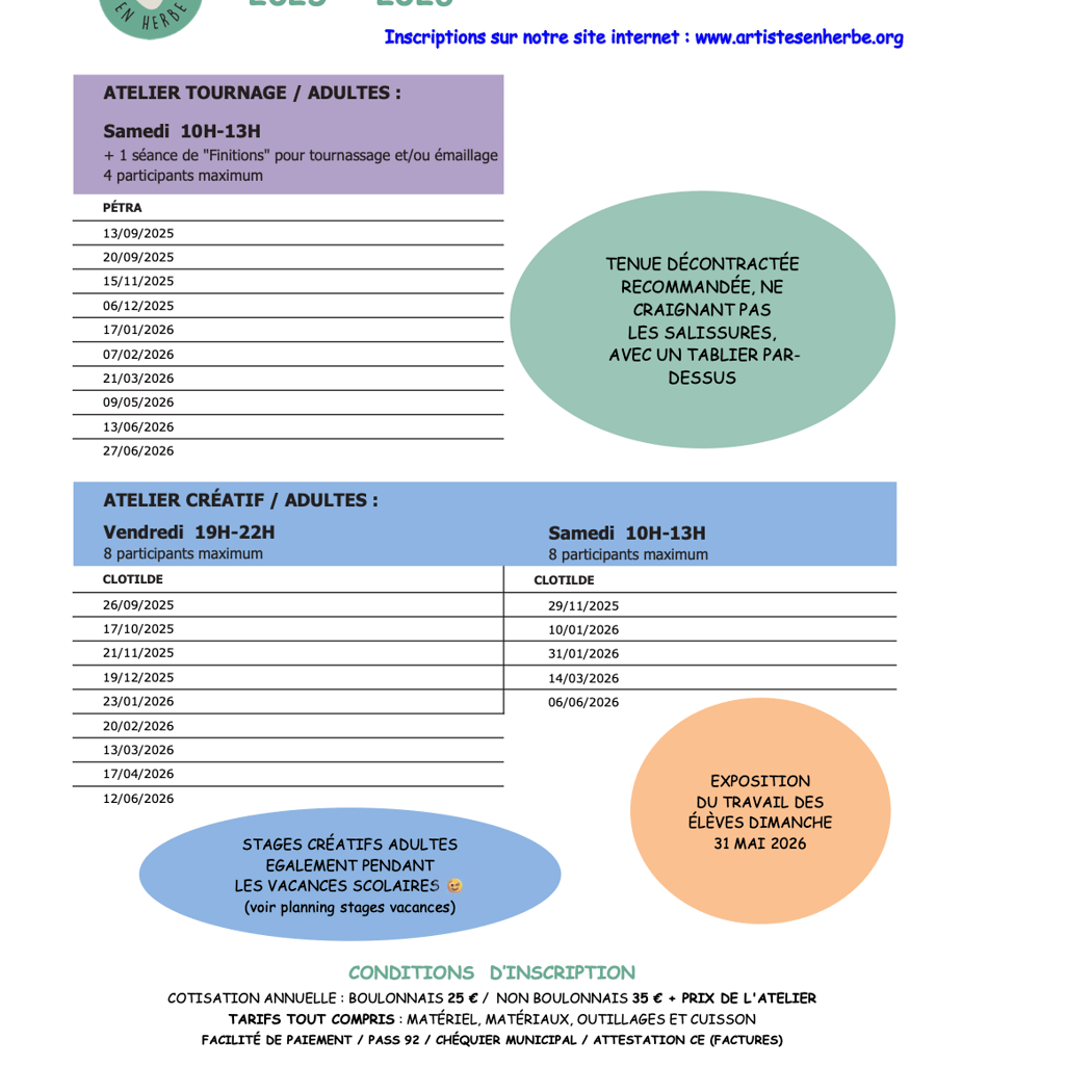 Planning des Ateliers à la Carte 1