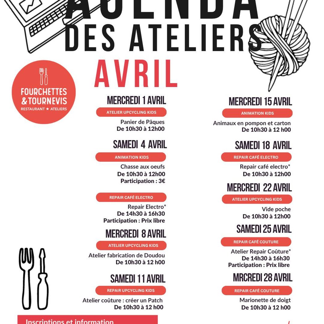 Programmation des ateliers du mois d’AVRIL chez Tournevis 1