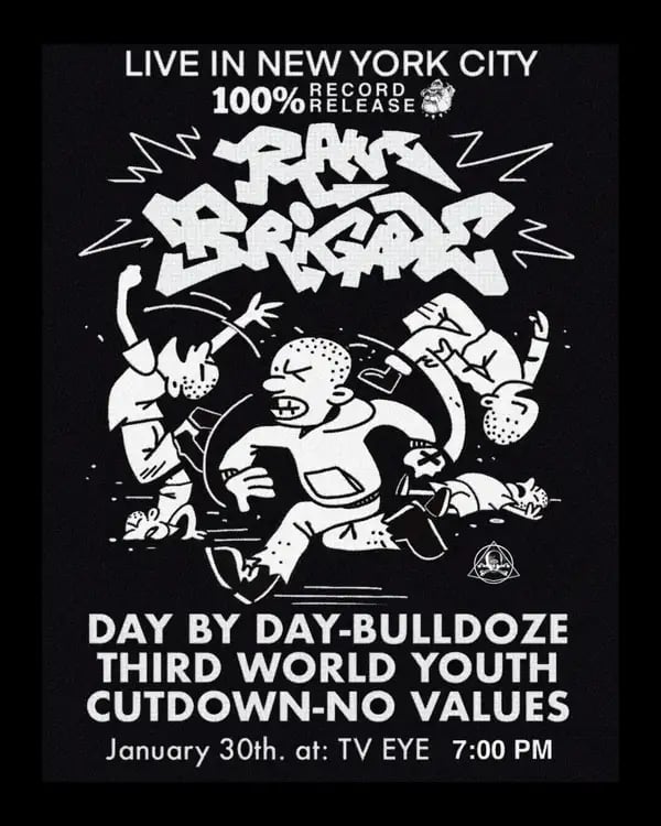 Raw Brigade, Day By Day, Bulldoze, Third World Youth, Cutdown, No Values '100%' Record Release Show 1