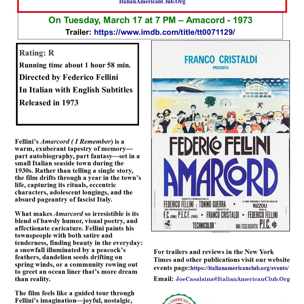 Cinema in Italiano – Peacock Hall- Amarcord – 1973 1