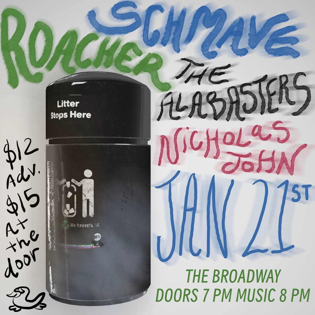 Schmave headline with support from The Alabasters, Nicholas John and Roacher 1