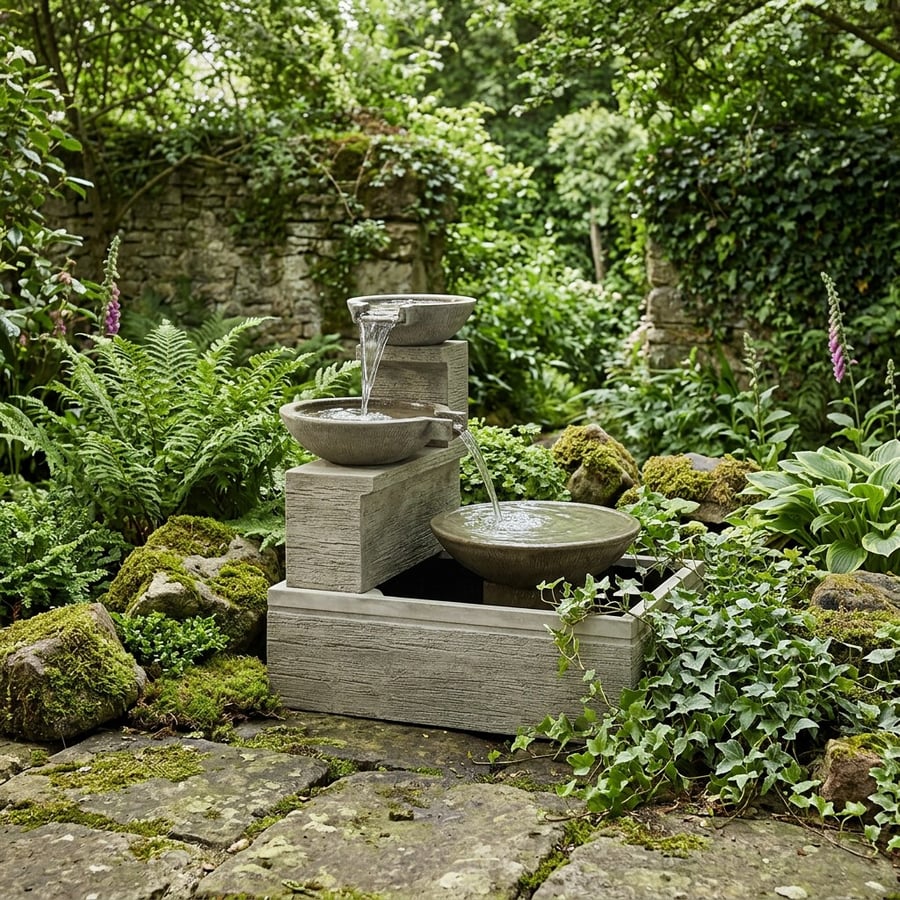 Bella self-contained water feature, a tall slim planter-column design in a modern UK garden