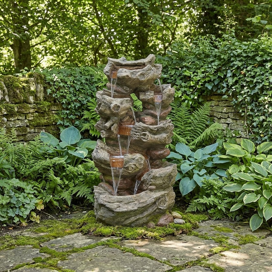 Highland Self Contained Water Feature with 30W pump, a 150cm cascading tree-design water feature in a UK garden